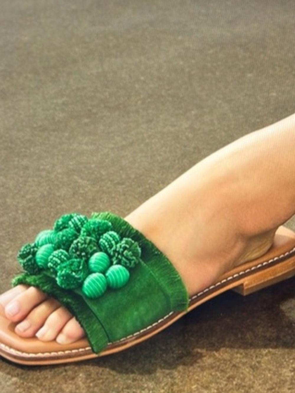 Chico's Green Pom Pom Slide Sandals